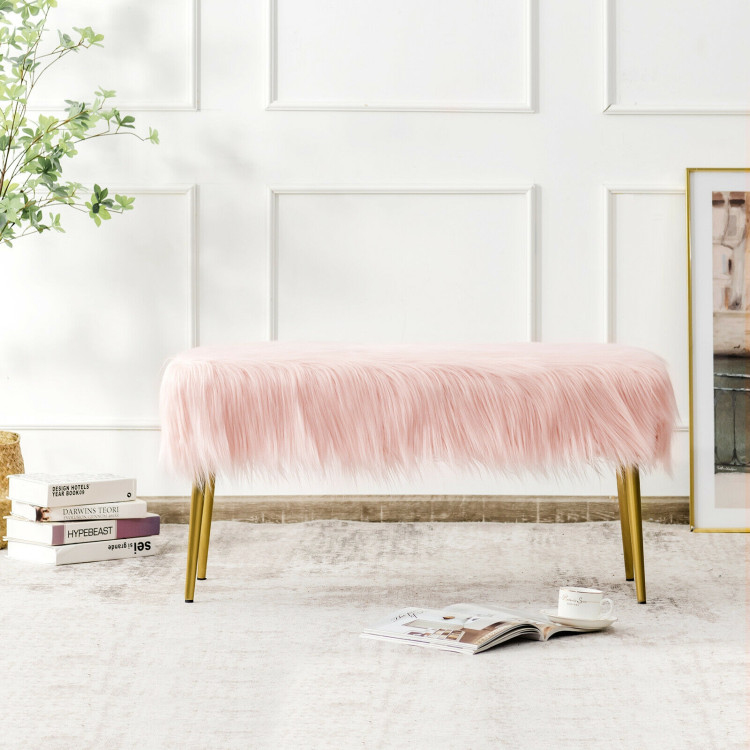 Upholstered Faux Fur Vanity Stool with Golden Legs for Makeup Room-PinkCostway Gallery View 8 of 10