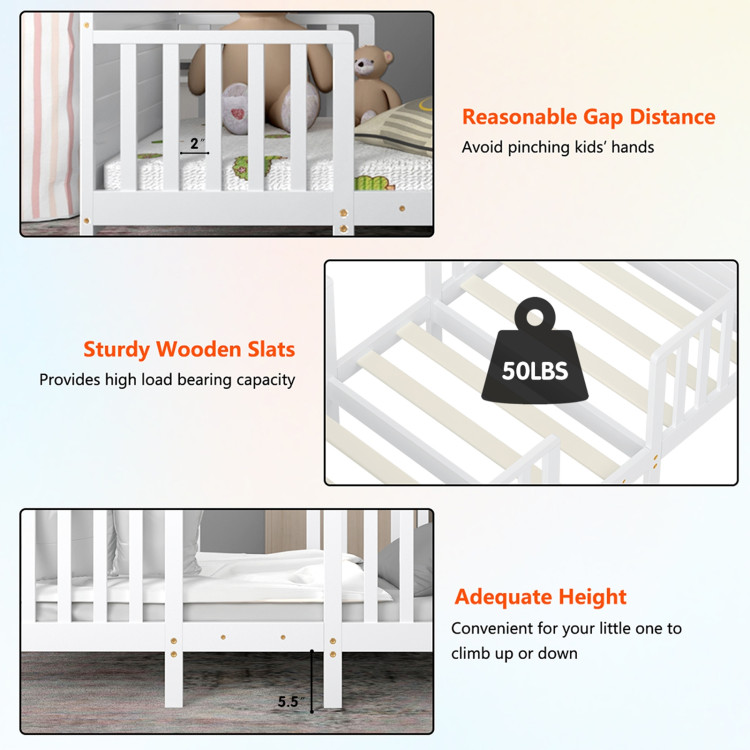 2-in-1 Convertible Kids Wooden Bedroom Furniture with Guardrails-WhiteCostway Gallery View 12 of 12