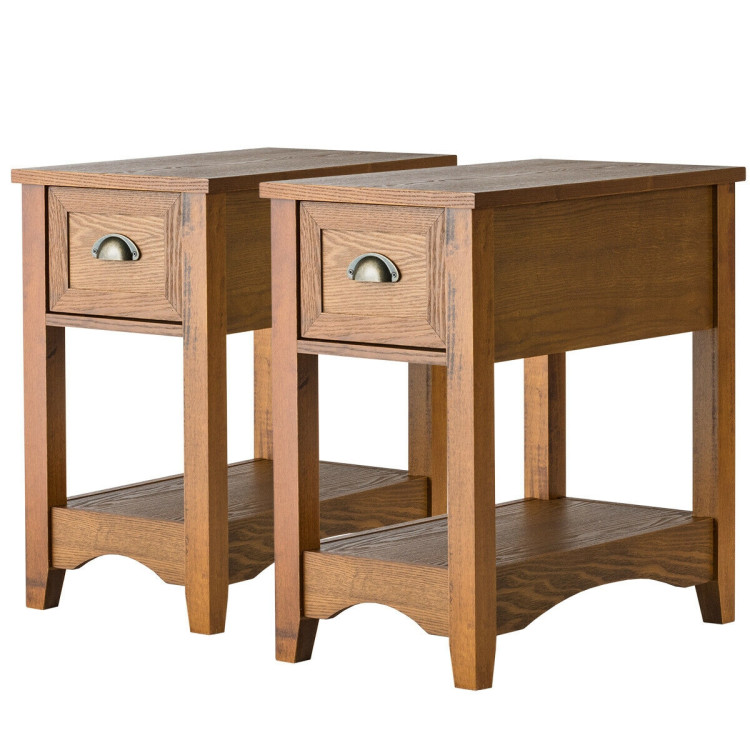 2 Pieces Retro Narrow Tiered End Table with Drawer and Storing Shelf - Gallery View 1 of 11