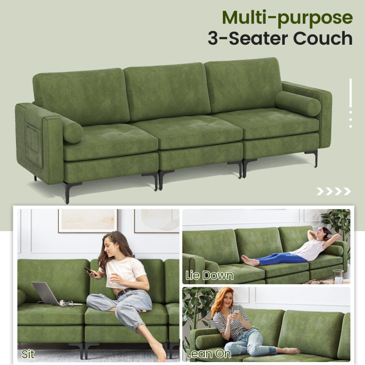 3-Seat Sofa Sectional with Side Storage Pocket and Metal Leg-Army GreenCostway Gallery View 3 of 12