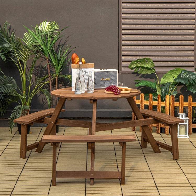 6-person Round Wooden Picnic Table with Umbrella Hole and 3 Built-in Benches-Dark BrownCostway Gallery View 2 of 10