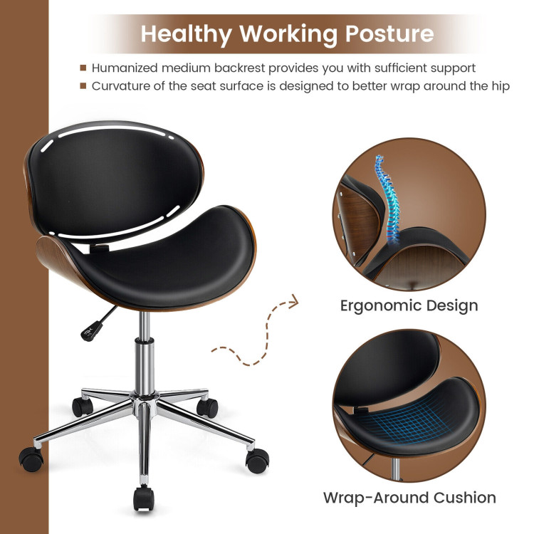 Adjustable Leather Office Chair Swivel Bentwood Desk Chair with Curved Seat-BlackCostway Gallery View 10 of 10