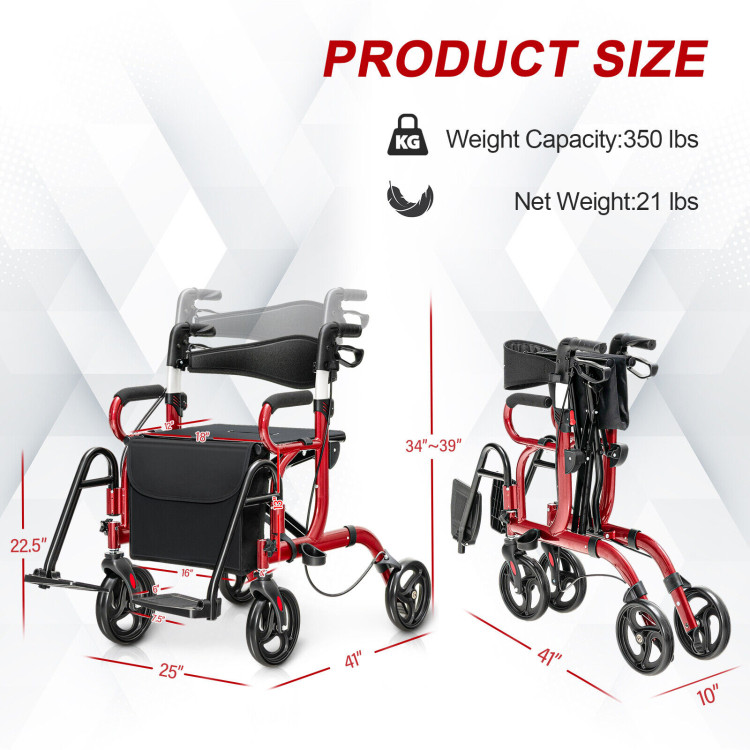 Folding Rollator Walker with 8-inch Wheels and Seat-RedCostway Gallery View 4 of 10