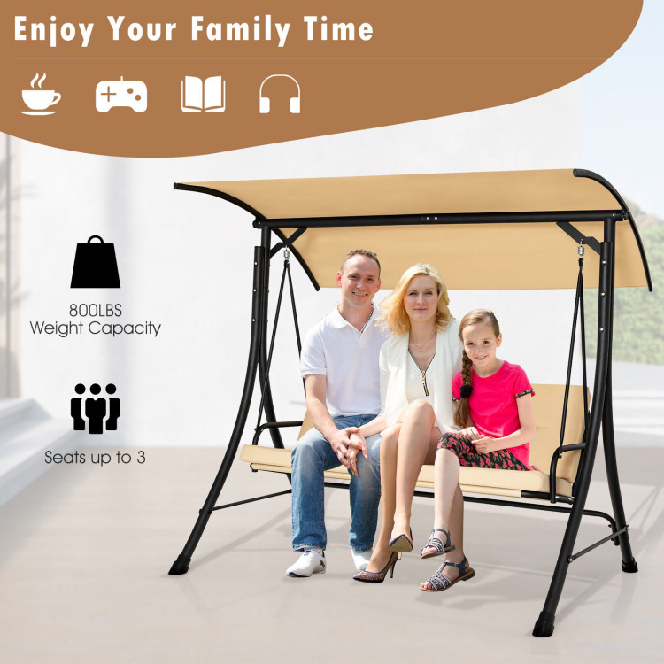 3-Seat Outdoor Porch Swing with Adjustable Canopy and Padded Cushions-BeigeCostway Gallery View 3 of 10
