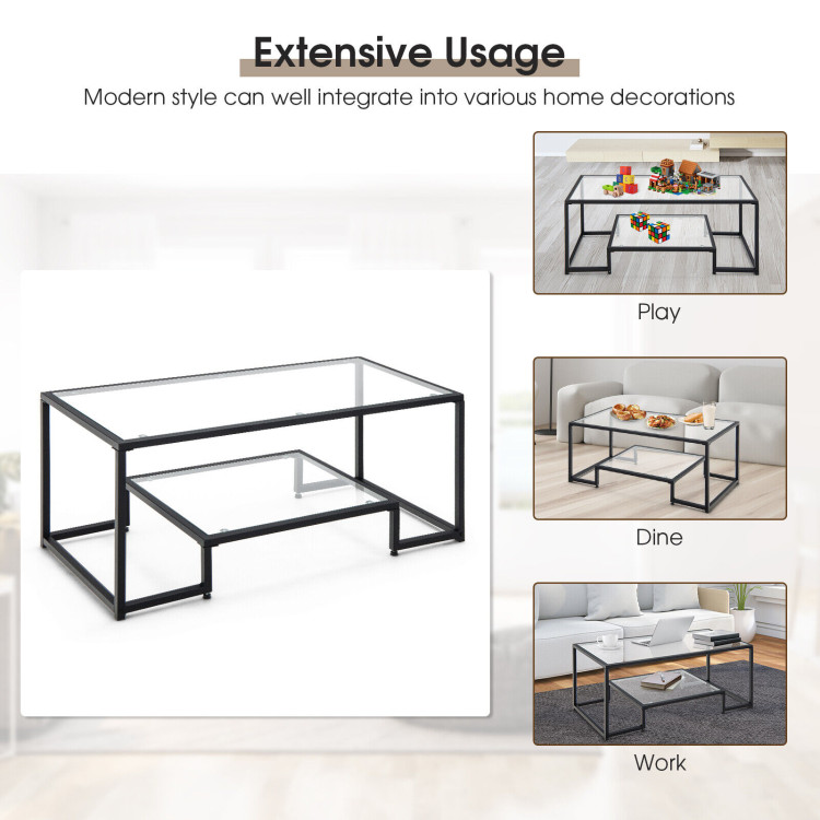 Modern Rectangular Coffee Table with Glass Table Top-BlackCostway Gallery View 5 of 10