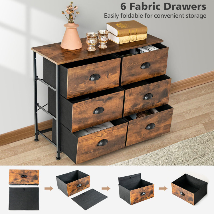 6 Fabric Drawer Storage Chest with Wooden Top-Rustic BrownCostway Gallery View 2 of 10