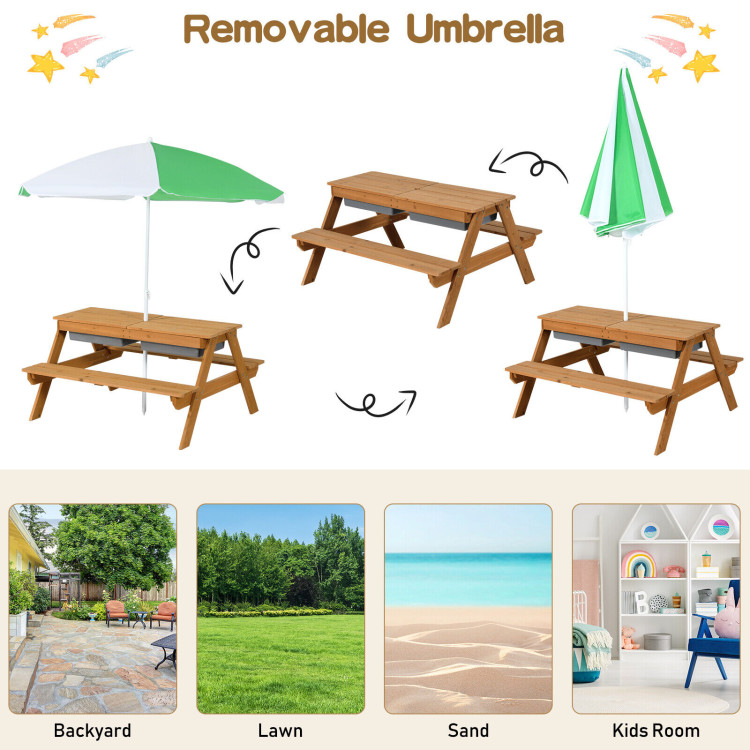 3-in-1 Kids Outdoor Picnic Water Sand Table with Umbrella Play BoxesCostway Gallery View 9 of 11