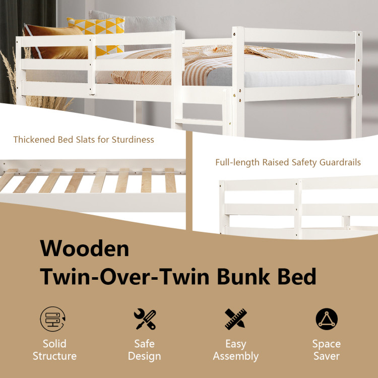 Twin Bunk Bed Children Wooden Bunk Beds Solid Hardwood-WhiteCostway Gallery View 5 of 9