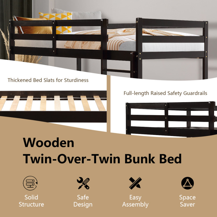 Twin Bunk Bed Children Wooden Bunk Beds Solid Hardwood-BrownCostway Gallery View 6 of 9
