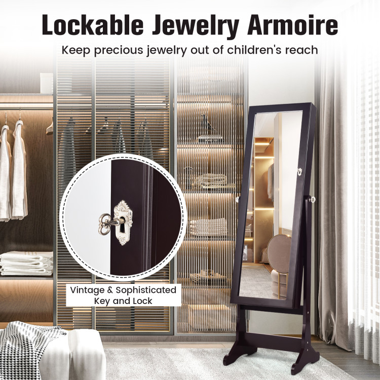 Lockable Mirrored Jewelry Cabinet with Stand and Led Lights-BrownCostway Gallery View 8 of 10