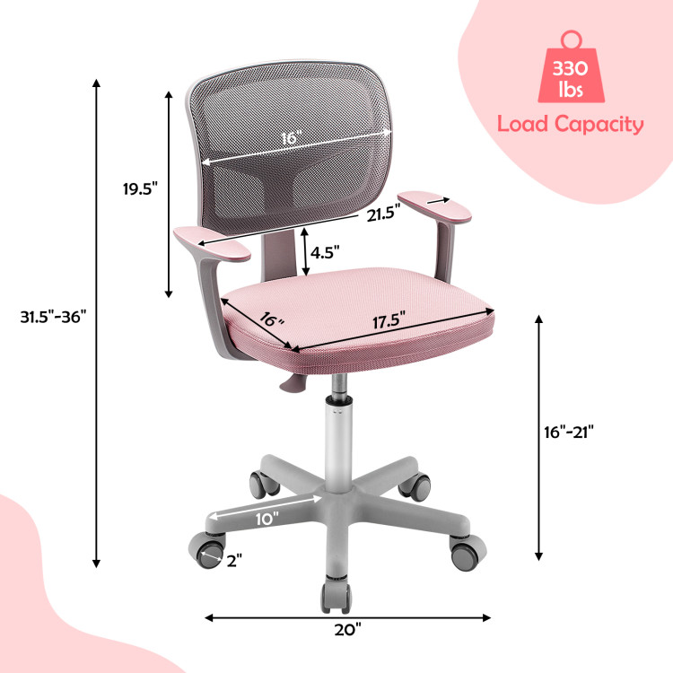 Adjustable Desk Chair with Auto Brake Casters for Kids-PinkCostway Gallery View 4 of 10