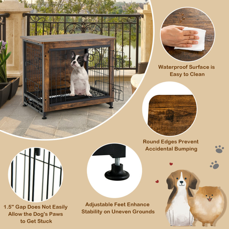 Wooden Dog Crate Furniture with Tray and Double Door-BrownCostway Gallery View 11 of 11