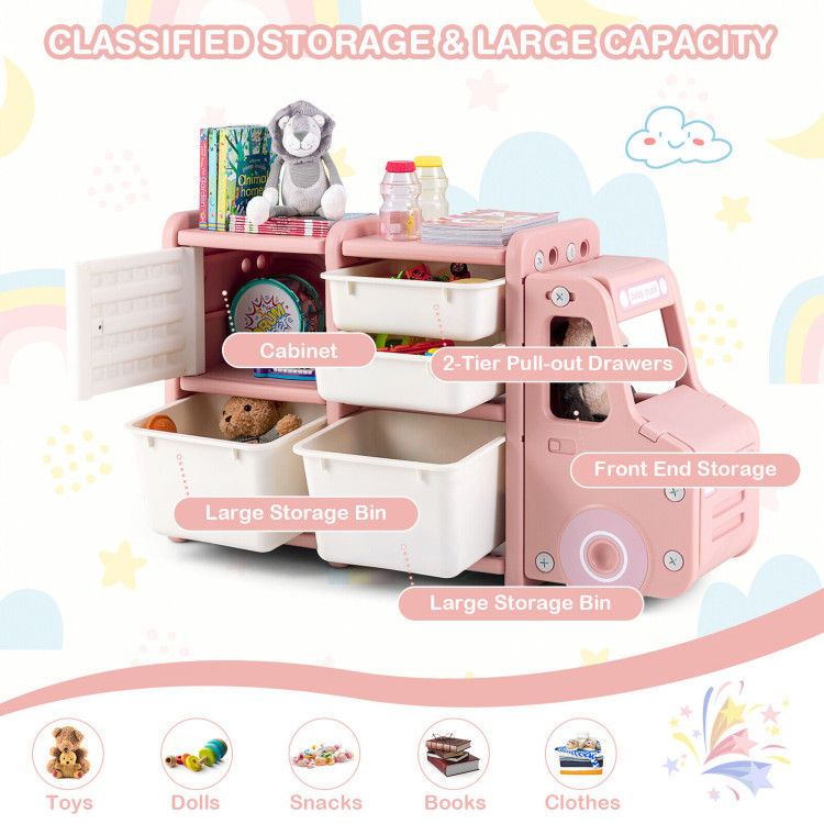 Toddler Truck Storage Organizer with Plastic Bins-PinkCostway Gallery View 10 of 11