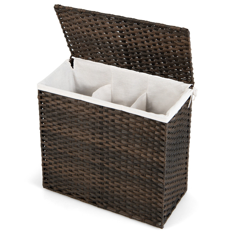 10L 3-Section Laundry Hamper with Liner Bag and Handle-BrownCostway Gallery View 8 of 10