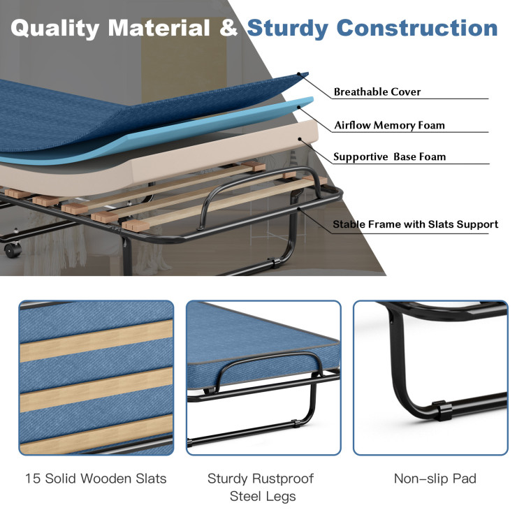 Made in Italy Portable Folding Bed with Memory Foam Mattress and Sturdy Metal Frame-NavyCostway Gallery View 5 of 13