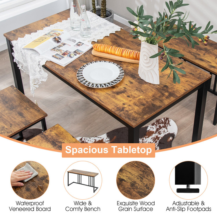 4 Pieces Industrial Dining Table Set with Bench and 2 Stools-BrownCostway Gallery View 8 of 10