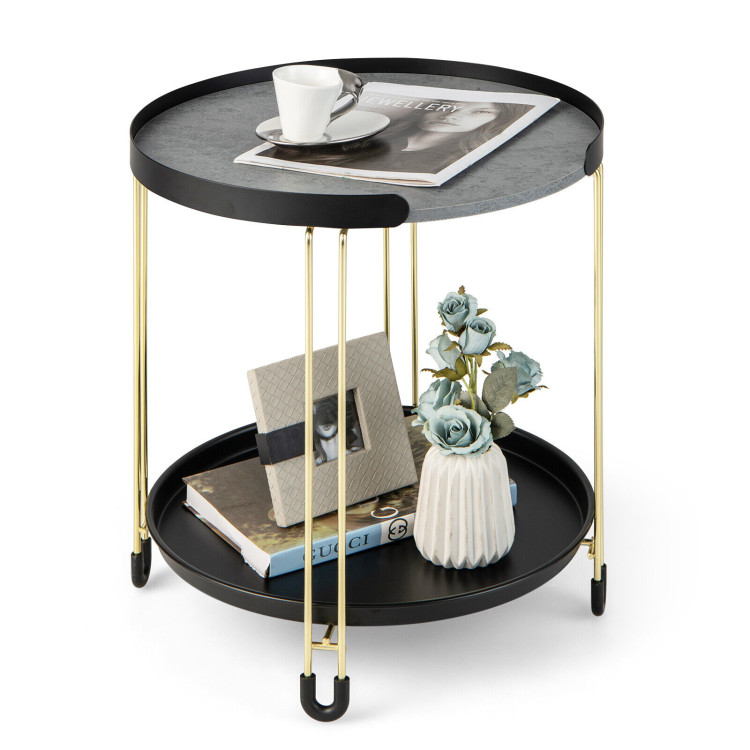 2-Tier Round Side Table with Removable Tray and Metal Frame for Small Space-GoldenCostway Gallery View 8 of 10
