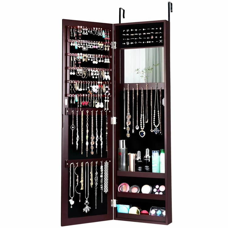 Full Length Mirror Jewelry Cabinet with Ring Slots and Necklace Hooks-Dark BrownCostway Gallery View 8 of 12