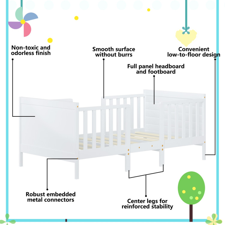2-in-1 Convertible Kids Wooden Bedroom Furniture with Guardrails-WhiteCostway Gallery View 11 of 12