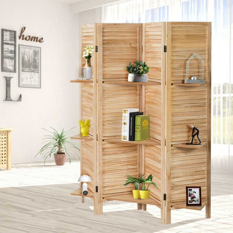 4 Panel Folding Room Divider Screen with 3 Display Shelves-BrownCostway Gallery View 1 of 12