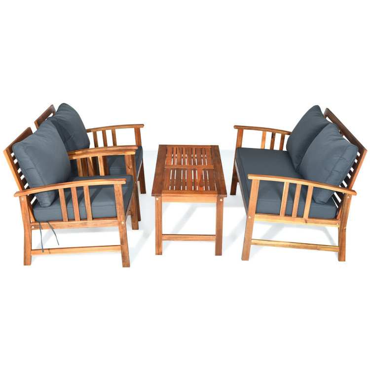 4 Pcs Wooden Patio Furniture Set Table Sofa Chair Cushioned GardenCostway Gallery View 9 of 10