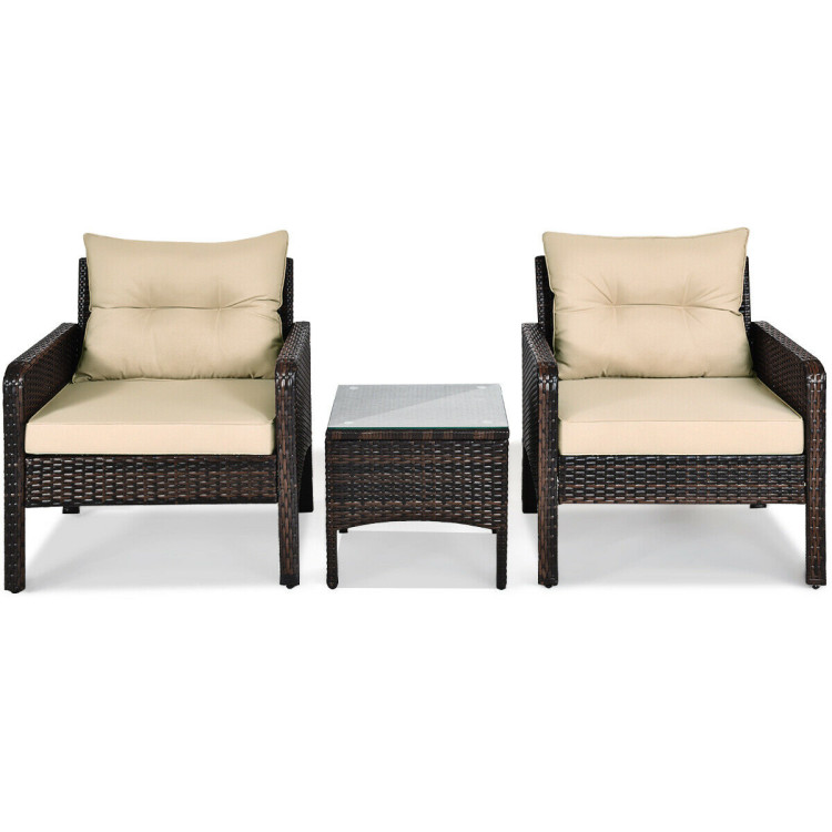 3 Pieces Outdoor Patio Rattan Conversation Set with Seat Cushions-BeigeCostway Gallery View 8 of 11