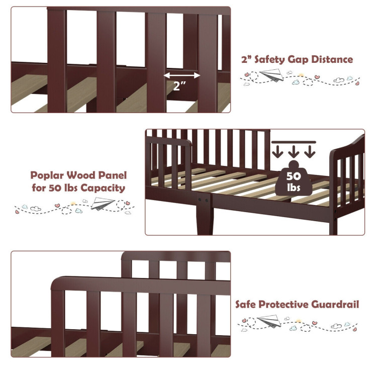 Classic Design Kids Wood Toddler Bed Frame with Two Side Safety Guardrails-BrownCostway Gallery View 6 of 12