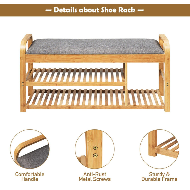 3-Tier Bamboo Shoe Rack Bench with Cushion-NaturalCostway Gallery View 12 of 12