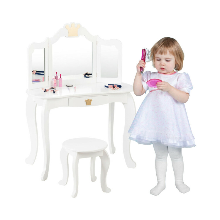 Kids Makeup Dressing Table with Tri-folding Mirror and Stool-WhiteCostway Gallery View 10 of 12