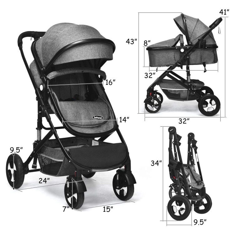 Bassinet Convertible Standard Baby Strollers Grey Reversible 2-in-1 High Landscape Folding Newborn Pushchair 