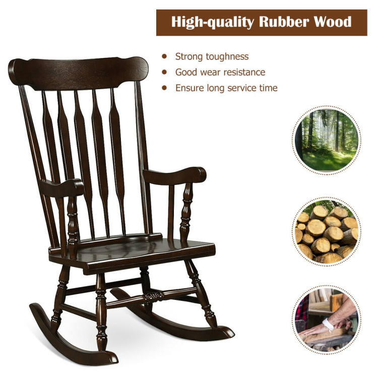 Rocking Chair with Solid Wooden Frame for Garden and Patio-BrownCostway Gallery View 9 of 12