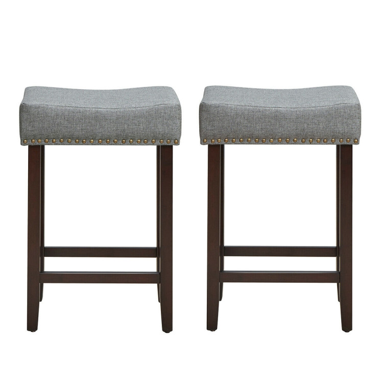 2 Pieces Nailhead Saddle Bar Stools with Fabric Seat and Wood Legs-GrayCostway Gallery View 4 of 12
