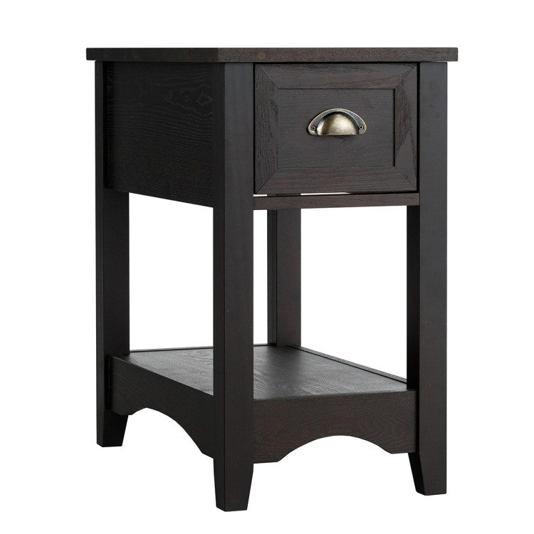 2 Pieces Retro Narrow Tiered End Table with Drawer and Storing Shelf-BrownCostway Gallery View 9 of 10
