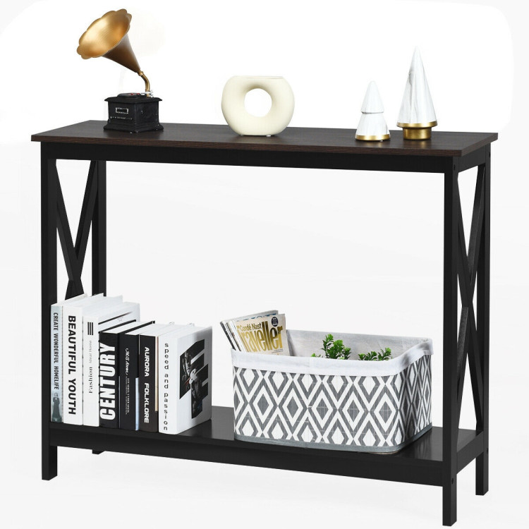 2-Tier Console X-Design Sofa Side Accent Table-Wood GrainCostway Gallery View 8 of 11