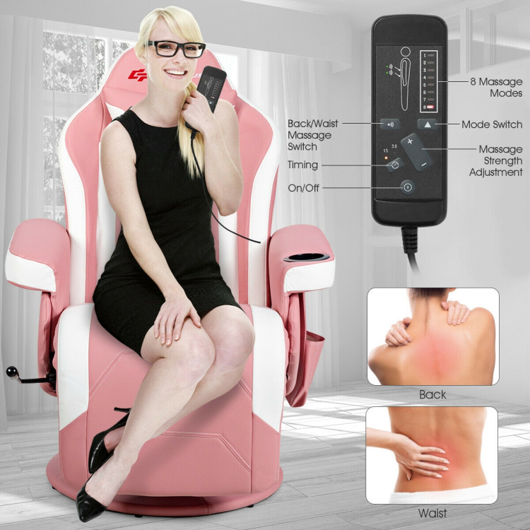 Ergonomic High Back Massage Gaming Chair with Pillow-PinkCostway Gallery View 11 of 12