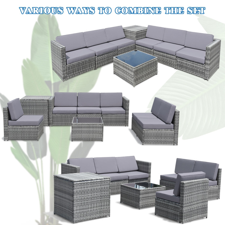 8 Pieces Wicker Sofa Rattan Dining Set Patio Furniture with Storage Table-GrayCostway Gallery View 9 of 10