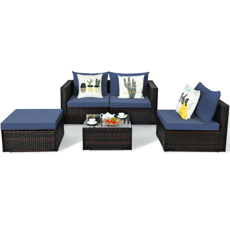 5 Pieces Patio Rattan Sectional Furniture Set with Cushions and Coffee Table -NavyCostway Gallery View 4 of 12