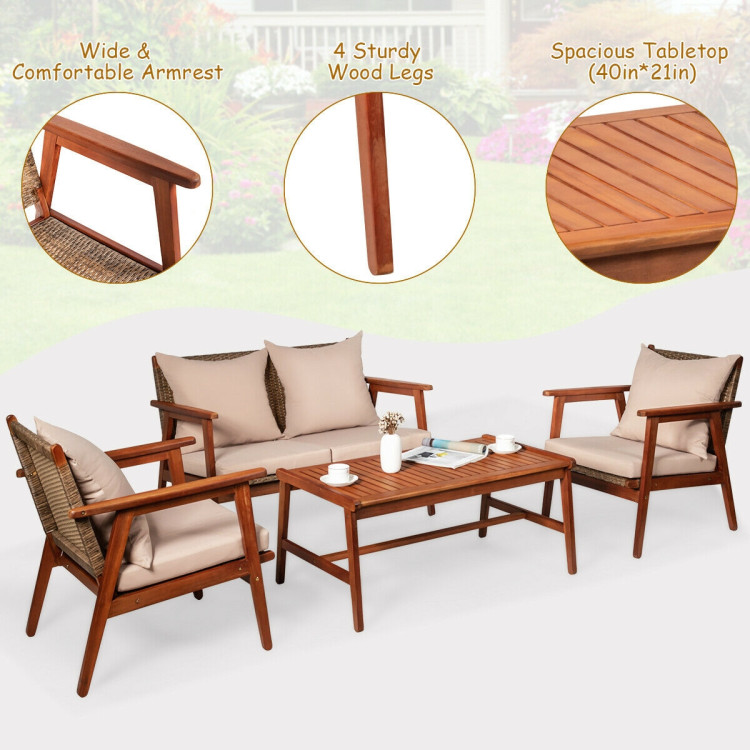 4 Pieces Acacia Wood Patio Rattan Furniture Set with Zippered Cushions - Gallery View 7 of 9