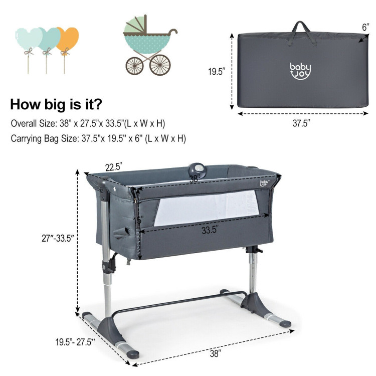 Height Adjustable Baby Side Crib  with Music Box & Toys-Dark GrayCostway Gallery View 4 of 20