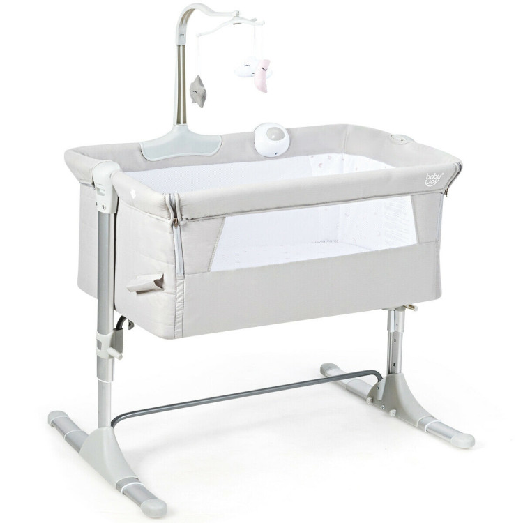 Height Adjustable Baby Side Crib  with Music Box & Toys-Light GrayCostway Gallery View 6 of 10