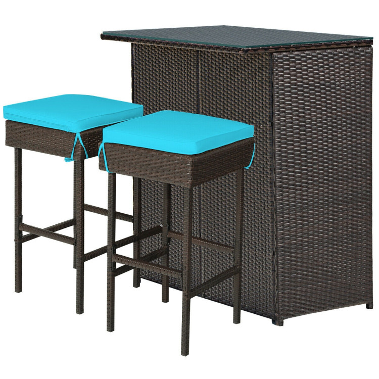 3PCS Patio Rattan Wicker Bar Table Stools Dining Set-TurquoiseCostway Gallery View 7 of 12