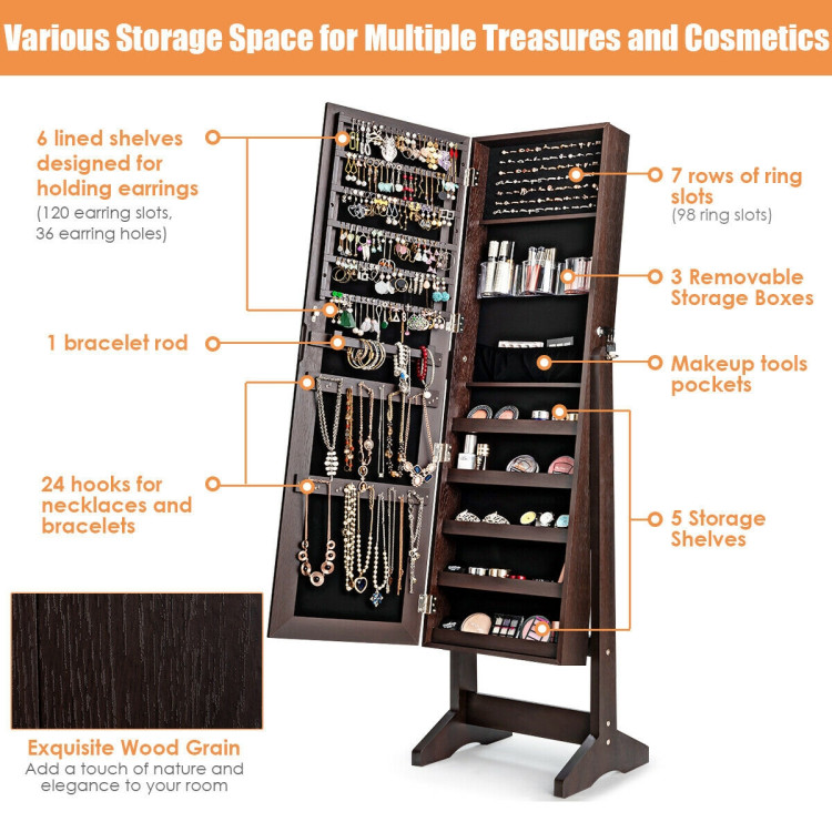 Standing Jewelry Armoire Cabinet with Full Length Mirror-BrownCostway Gallery View 10 of 11