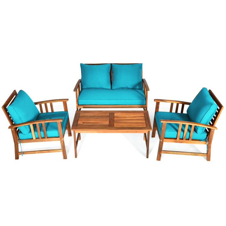 4 Pieces Wooden Patio Furniture Set Table Sofa Chair Cushioned GardenCostway Gallery View 3 of 10