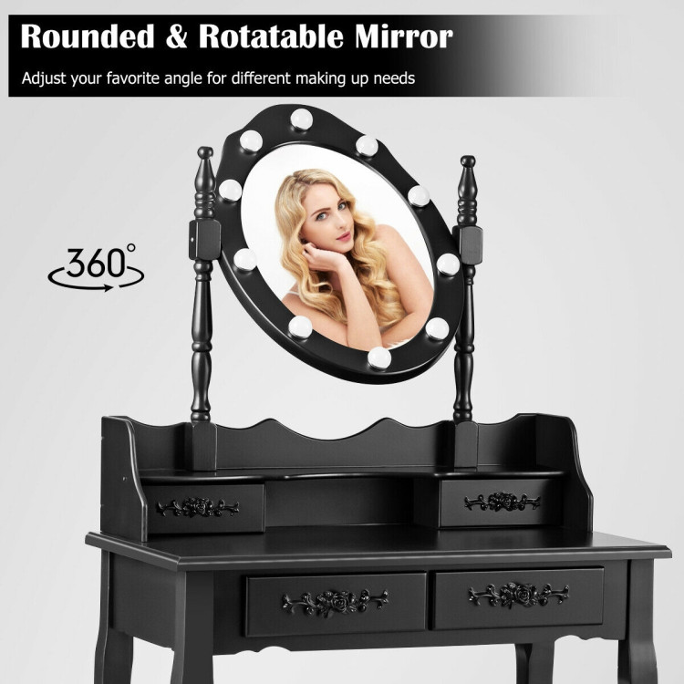 Makeup Vanity Dressing Table Set with Dimmable Bulbs Cushioned Stool-BlackCostway Gallery View 10 of 12
