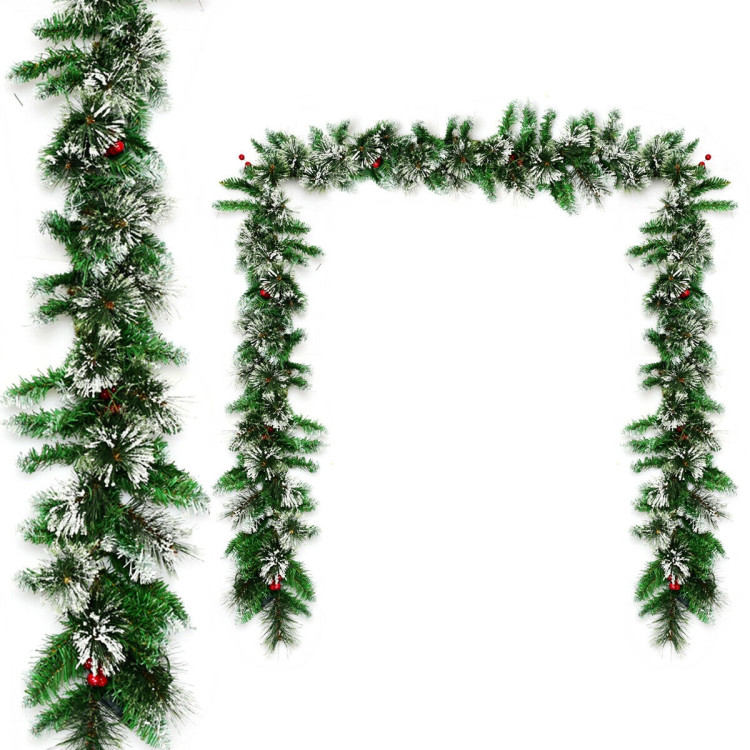9 Feet Pre-lit Snow Flocked Tips Christmas Garland with Red BerriesCostway Gallery View 7 of 10