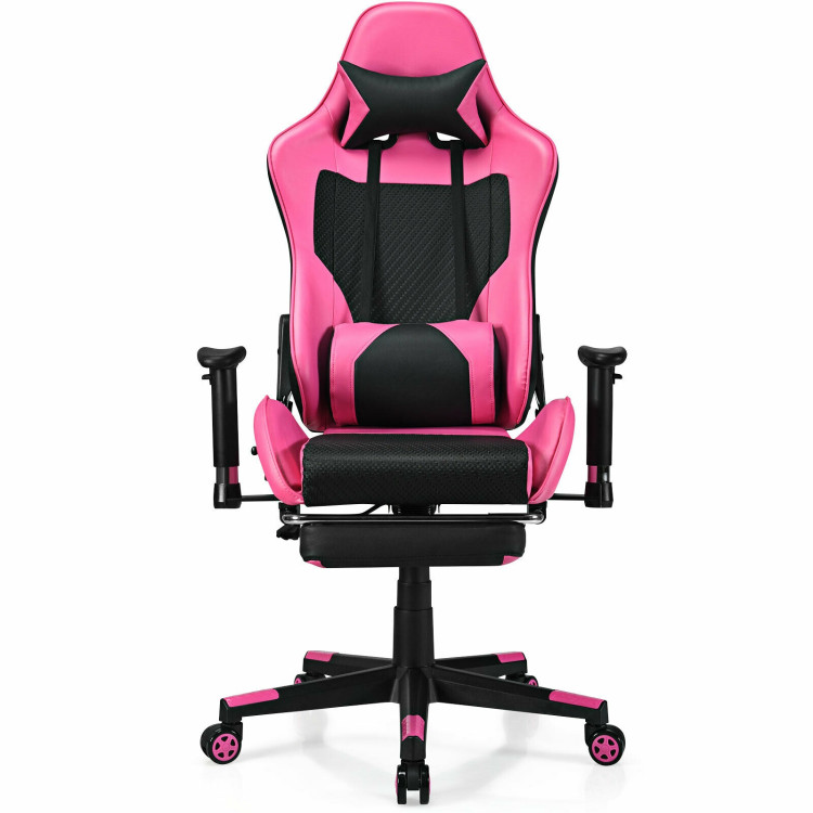 PU Leather Gaming Chair with USB Massage Lumbar Pillow and Footrest -PinkCostway Gallery View 8 of 12