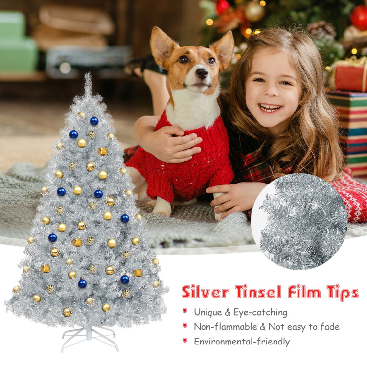 6 Feet Hinged Unlit Artificial Silver Tinsel Christmas Tree with Metal StandCostway Gallery View 10 of 10