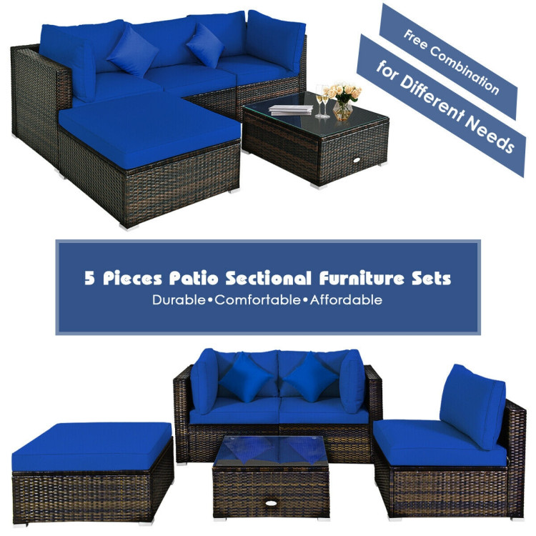 5 Pcs Outdoor Patio Rattan Furniture Set Sectional Conversation with Navy Cushions-NavyCostway Gallery View 12 of 12