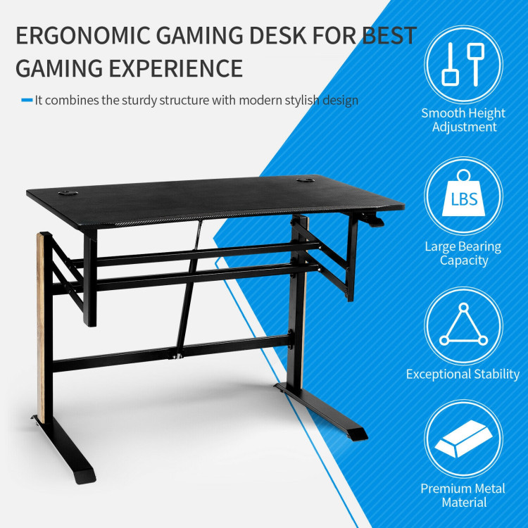 Pneumatic Height Adjustable Gaming Desk T Shaped Game Station with Power Strip Tray-BlackCostway Gallery View 11 of 12