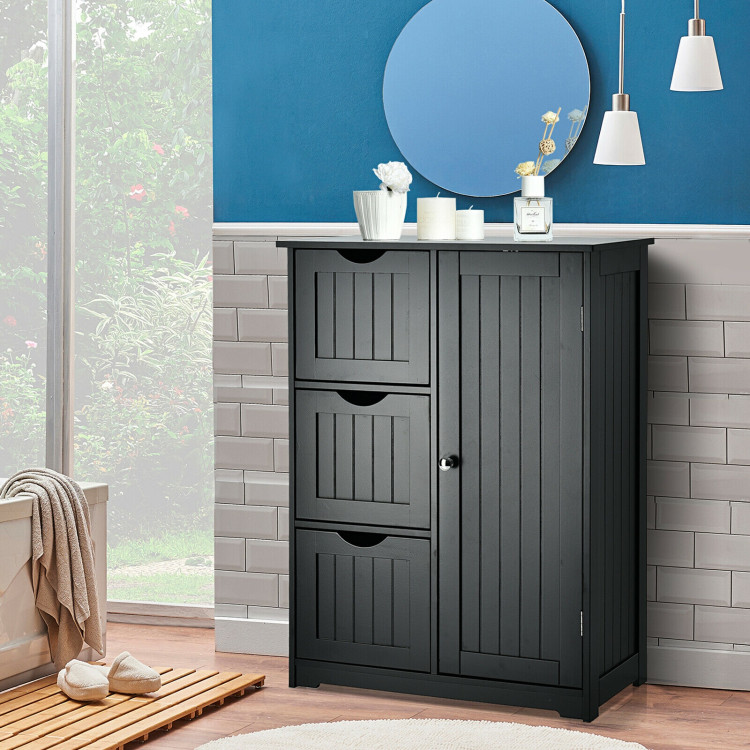 Bathroom Floor Cabinet Side Storage Cabinet with 3 Drawers and 1 Cupboard-BlackCostway Gallery View 6 of 12